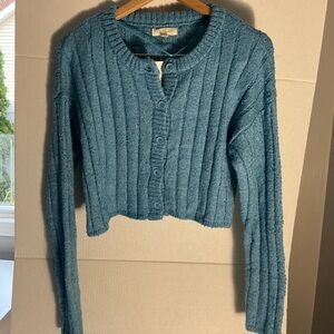 La Hearts Teal Cropped Ribbed Cardigan NWT